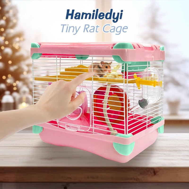 Hamiledyi قفص هامستر محمول 2 طبقات موطن هامستر قزم قفص سفر حيوانات صغيرة مع عجلة تمرين قفص هامستر قفص للفئران أو الهامستر أو الجربيل أو الحيوانات الأليفة الصغيرة الأخرى - Image 4